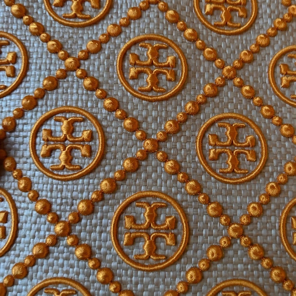 Tory Burch T Monogram Embroidered Straw Pouch Orange Citrine - Picture 4 of 11